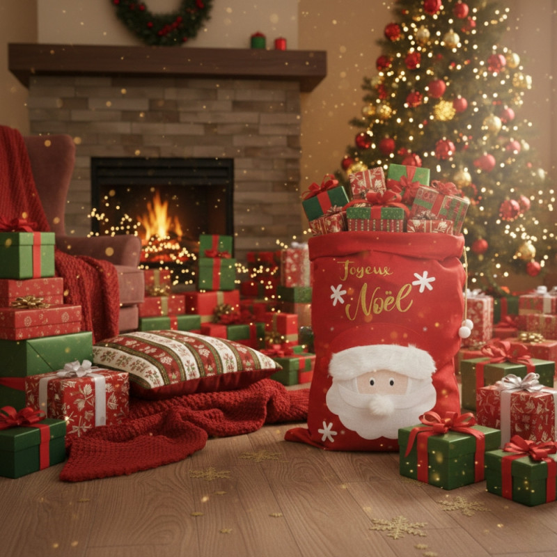 Grande Hotte de Noël XL 100x60 cm – Sac Cadeaux 3D Brodé “Joyeux Noël” avec Motif Père Noël, Décoration et Emballage Fêtes