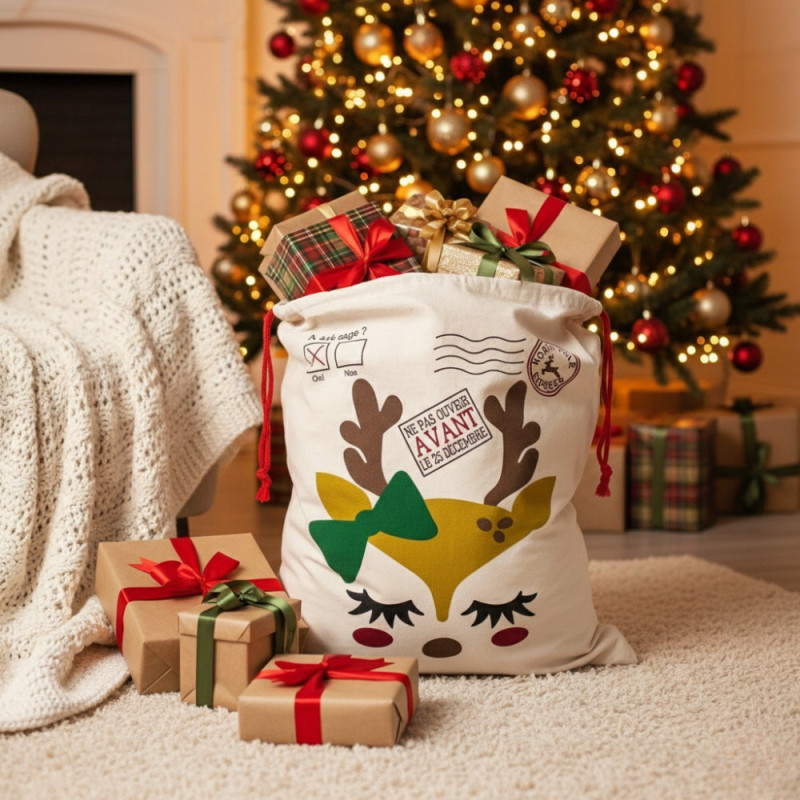Hotte de Noël M 70x50 cm – Sac Cadeaux Imprimé avec Motif Petit Renne, Décoration et Emballage Fêtes