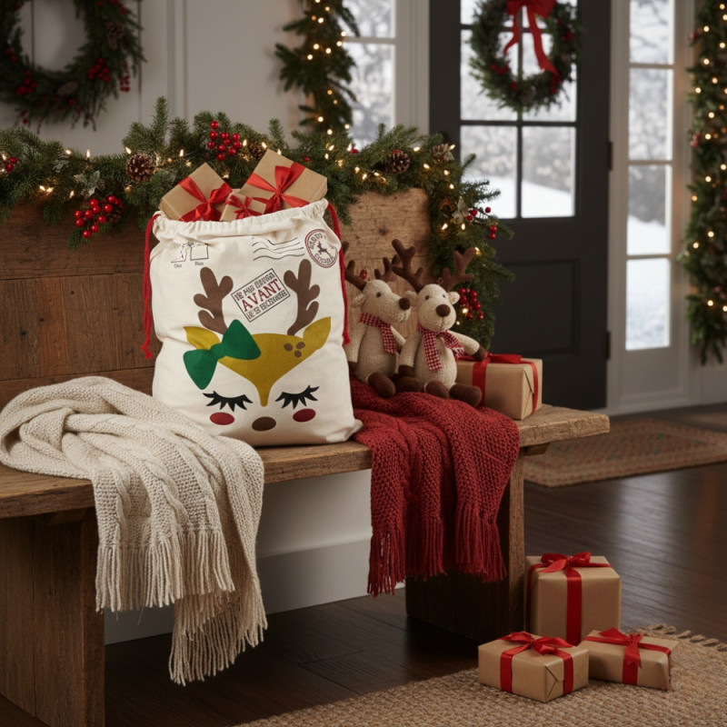 Hotte de Noël M 70x50 cm – Sac Cadeaux Imprimé avec Motif Petit Renne, Décoration et Emballage Fêtes