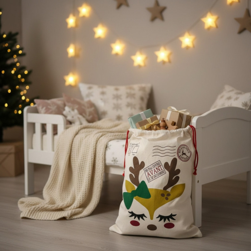 Hotte de Noël M 70x50 cm – Sac Cadeaux Imprimé avec Motif Petit Renne, Décoration et Emballage Fêtes