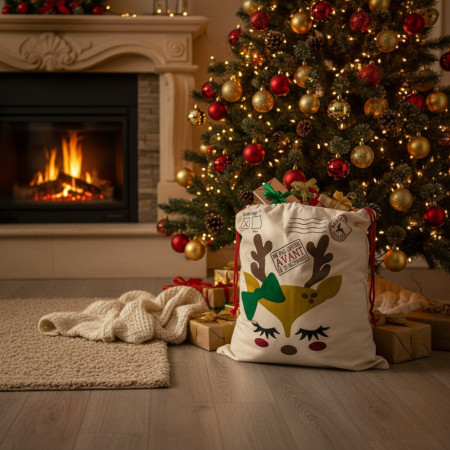Hotte de Noël M 70x50 cm – Sac Cadeaux Imprimé avec Motif Petit Renne, Décoration et Emballage Fêtes