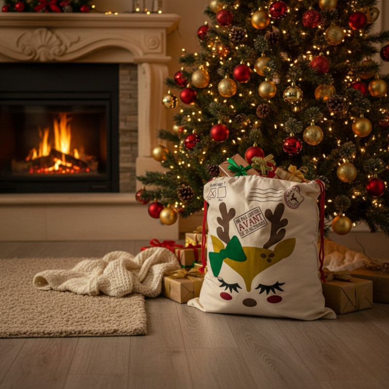 Hotte de Noël M 70x50 cm – Sac Cadeaux Imprimé avec Motif Petit Renne, Décoration et Emballage Fêtes