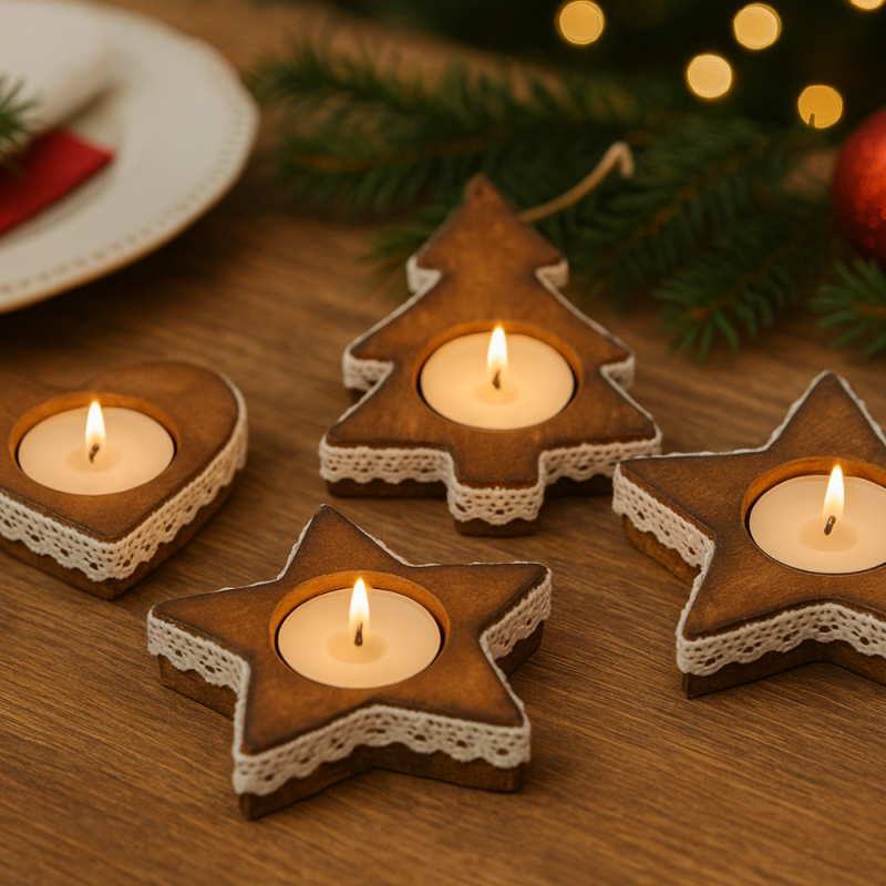 Pack de 4 Bougeoirs en Bois Noël 10cm – Décorations de Table Festives, Formes Aléatoires, Centre de Table Naturel