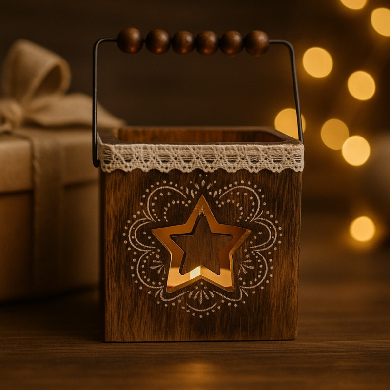 Pack 4 Photophores Carrés en Bois – Décorations de Table Noël, Ambiance Chaleureuse, Motifs Aléatoires