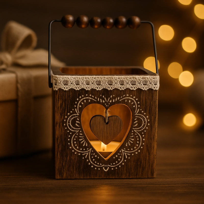Pack 4 Photophores Carrés en Bois – Décorations de Table Noël, Ambiance Chaleureuse, Motifs Aléatoires