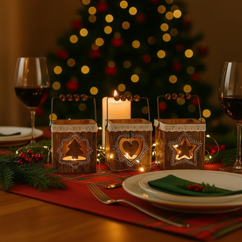 Pack 4 Photophores Carrés en Bois – Décorations de Table Noël, Ambiance Chaleureuse, Motifs Aléatoires