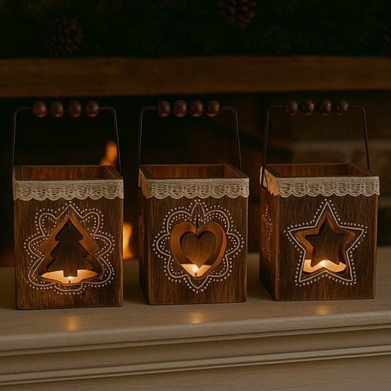 Pack 4 Photophores Carrés en Bois – Décorations de Table Noël, Ambiance Chaleureuse, Motifs Aléatoires