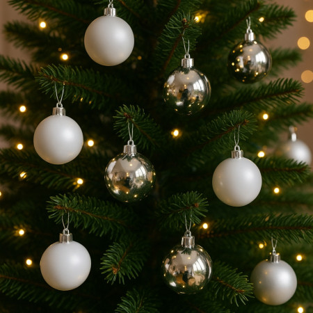 Pack de 24 Boules Polaires 60 mm Blanc/Argent – Décorations de Noël Prêtes à Suspendre pour Sapin, Table Festive