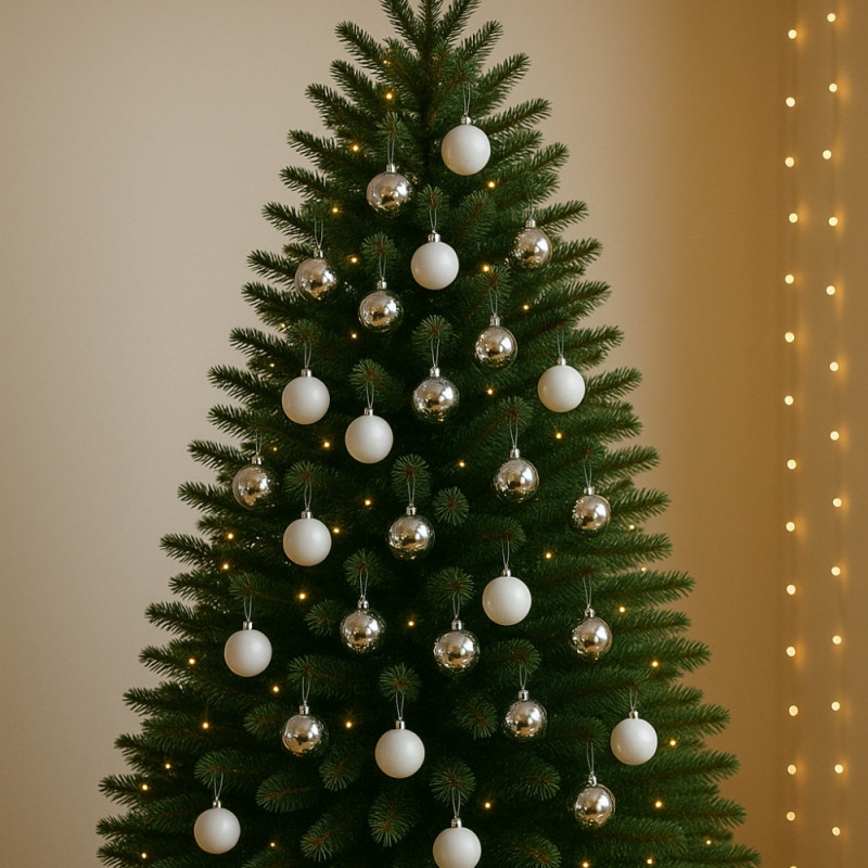 Pack de 24 Boules Polaires 60 mm Blanc/Argent – Décorations de Noël Prêtes à Suspendre pour Sapin, Table Festive