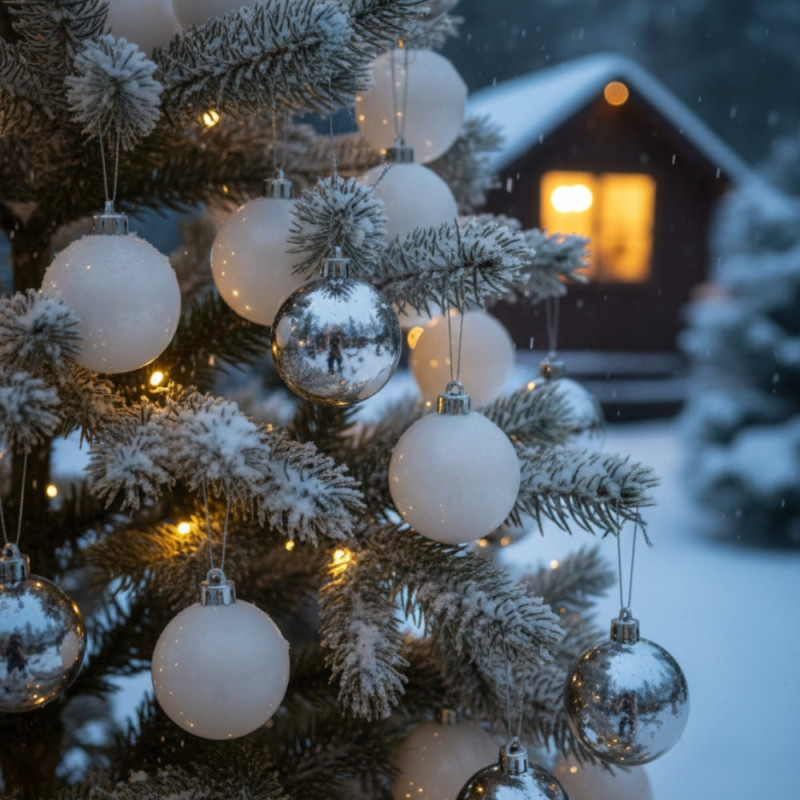 Pack de 24 Boules Polaires 60 mm Blanc/Argent – Décorations de Noël Prêtes à Suspendre pour Sapin, Table Festive