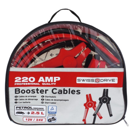 Câbles de Démarrage 220A 3Mètres– Pinces Renforcées, Section 18mm², Véhicules Essence jusqu’à 2.5L ou 3000cc, Sac de Transport