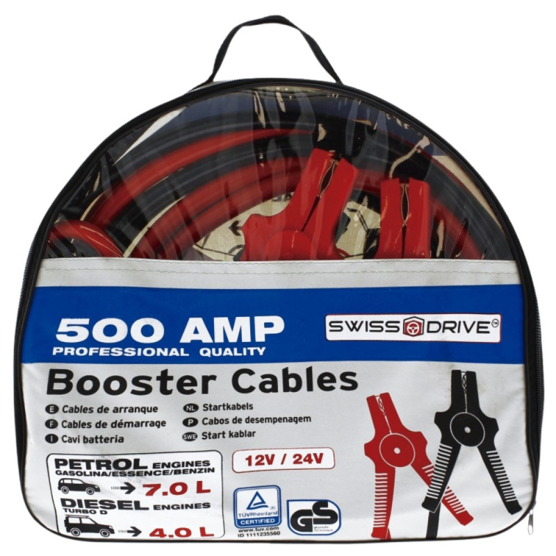 Câbles de Démarrage 500A 4.5Mètres – Pinces Renforcées, Section 38mm², Essence jusqu’à 7.0L 7000cc ou Diesel 4.0L 5000cc