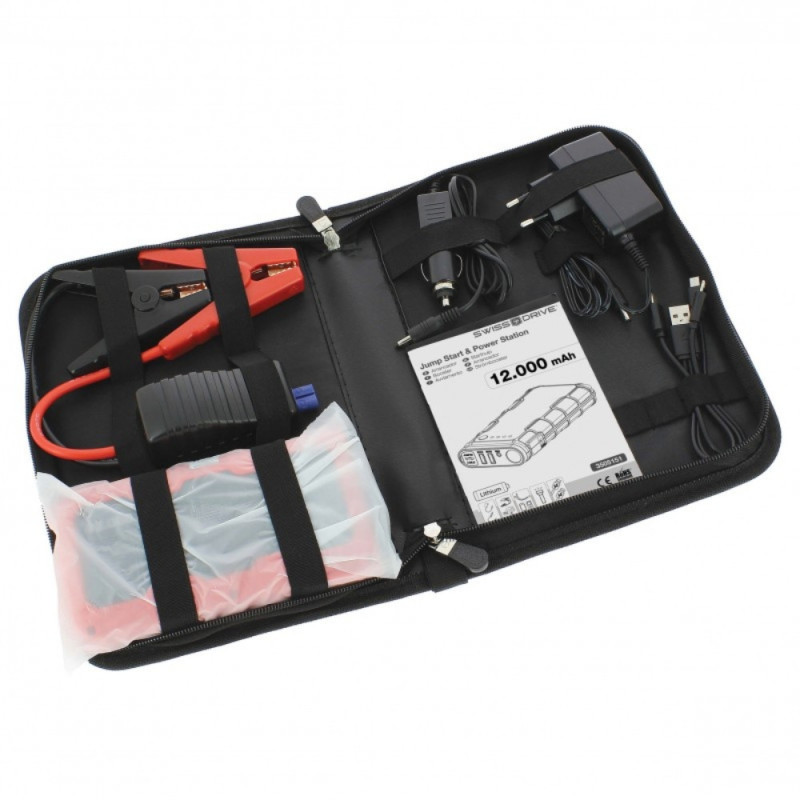 Booster de Démarrage Lithium SWISS DRIVE 12000mAh – 12V, 400A, Pour Moteurs Essence 4L et Diesel 2L, Powerbank USB, Torche LED