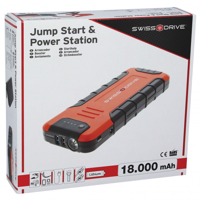 Booster de Démarrage Lithium SWISS DRIVE 18000mAh – 12V, 800A, Moteurs Essence 7L et Diesel 3.5L, Powerbank USB, Ports 12V & 19V