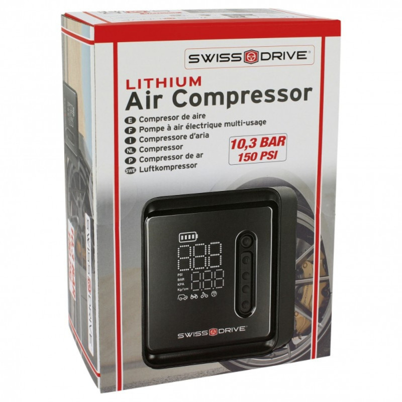 Mini Compresseur Portable Swiss Drive 150 PSI – Recharge USB, Arrêt Auto & Écran Digital. Adaptateur inclus.