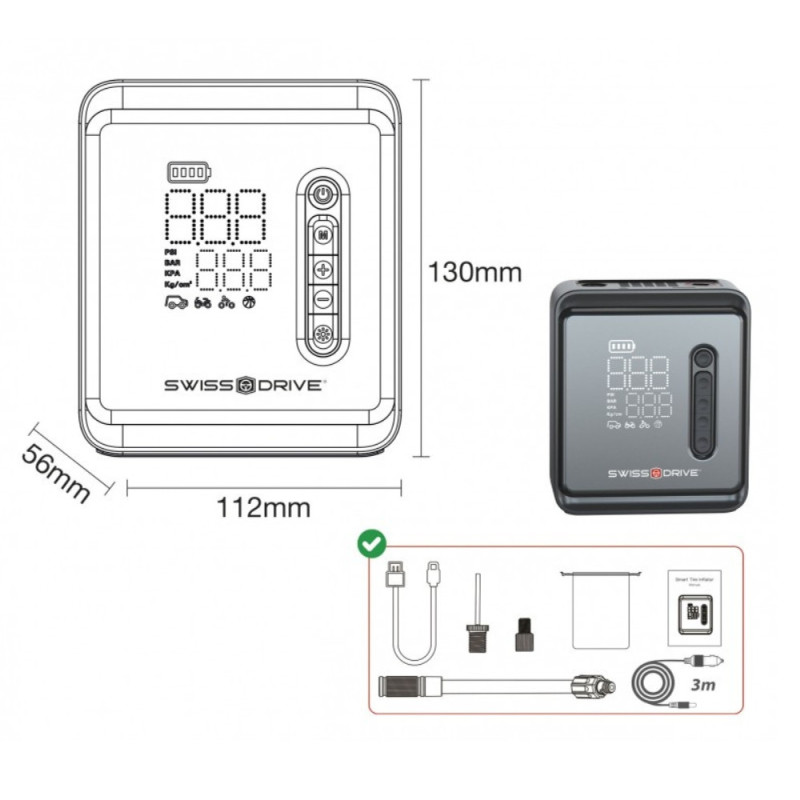 Mini Compresseur Portable Swiss Drive 150 PSI – Recharge USB, Arrêt Auto & Écran Digital. Adaptateur inclus.