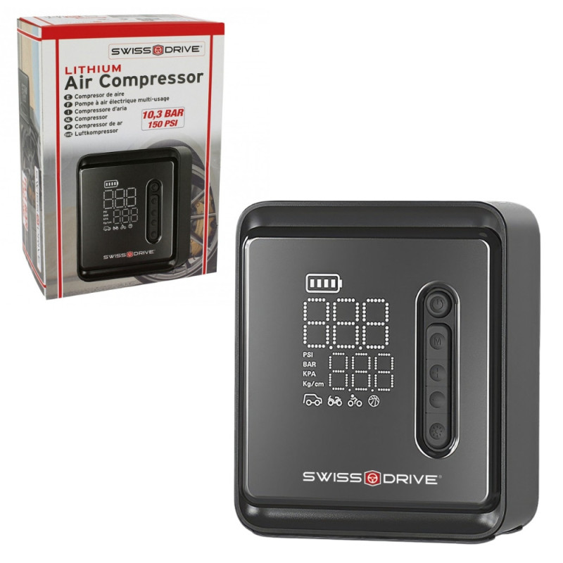 Mini Compresseur Portable Swiss Drive 150 PSI – Recharge USB, Arrêt Auto & Écran Digital. Adaptateur inclus.