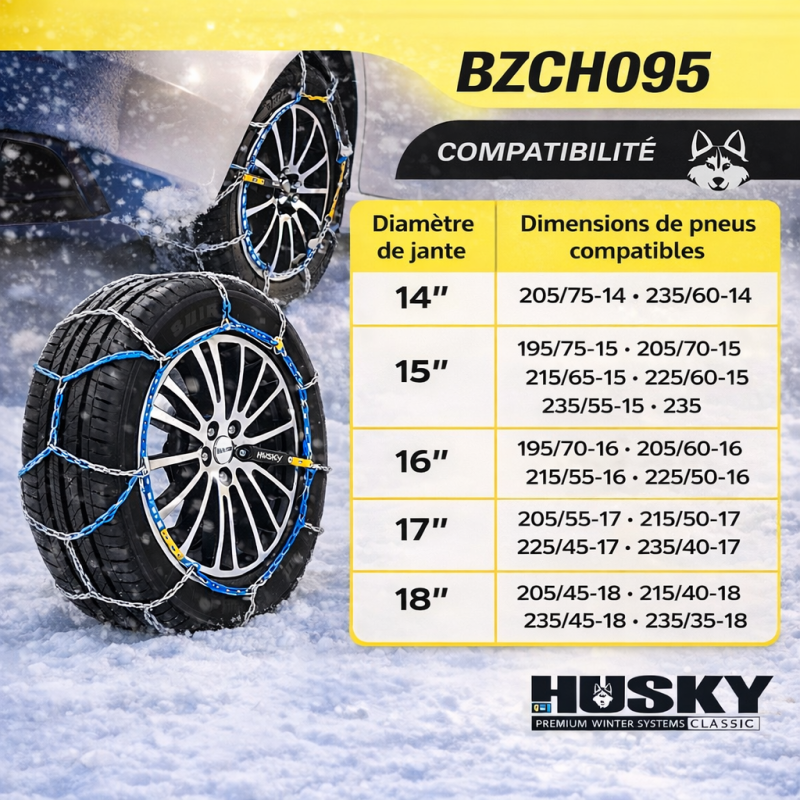 Chaînes Neige HUSKY BUTZI 9mm KN95 – Acier Renforcé, Motif D, Montage Facile, Certifiées TUV, GS/O-Norm V5117