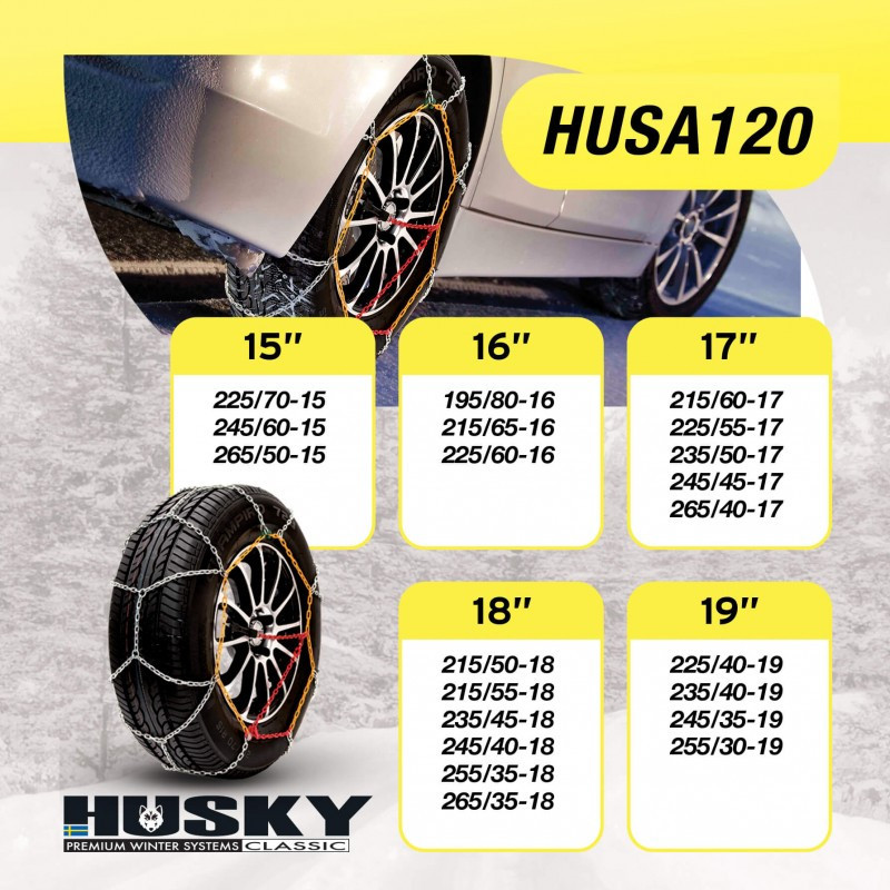 Chaînes Neige HUSKY Advance 9mm KN120 – Acier Renforcé, Motif en D, Compatibles ABS, Montage Facile, Certifiées EN16662-1