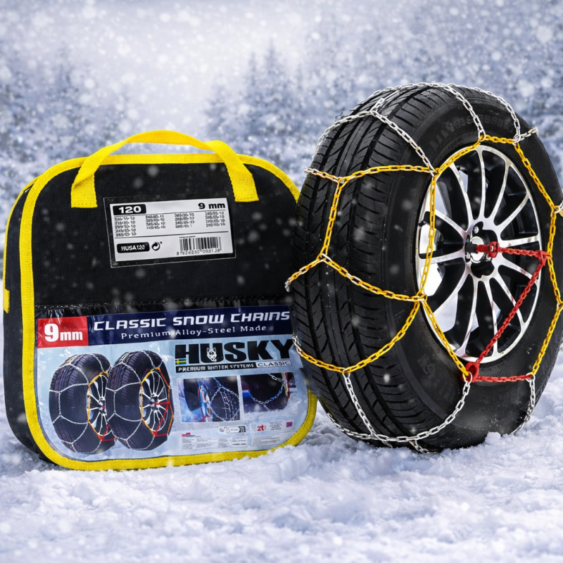 Chaînes Neige HUSKY Advance 9mm KN120 – Acier Renforcé, Motif en D, Compatibles ABS, Montage Facile, Certifiées EN16662-1