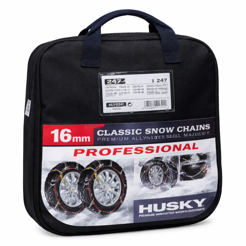Chaînes Neige HUSKY PROFESSIONAL 16mm – Haute Adhérence Anneaux en D, Véhicules Lourds 4x4 SUV, TÜV GS O-NORM, Sac de Transport