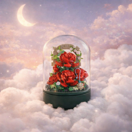 Bouquet de Roses à Construire sous Cloche avec Musique – 574 Briques, Mélodie Intégrée, Jeu de Construction Décoratif