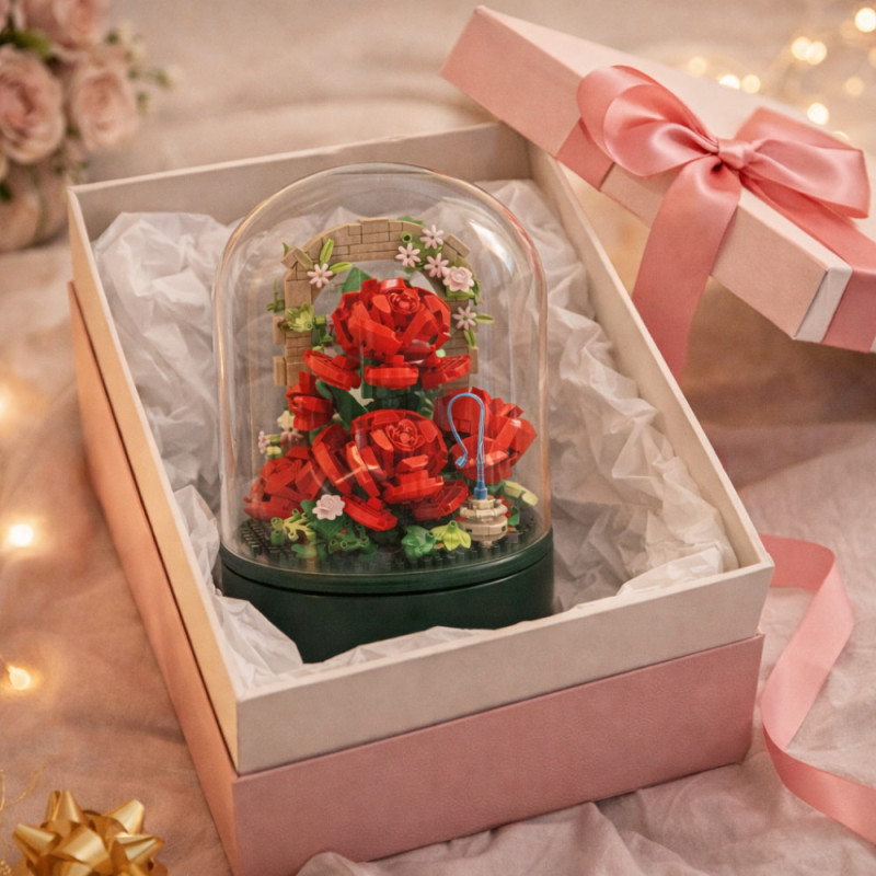 Bouquet de Roses à Construire sous Cloche avec Musique – 574 Briques, Mélodie Intégrée, Jeu de Construction Décoratif