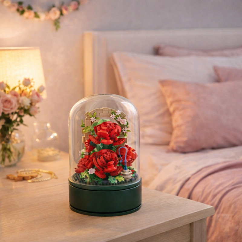 Bouquet de Roses à Construire sous Cloche avec Musique – 574 Briques, Mélodie Intégrée, Jeu de Construction Décoratif