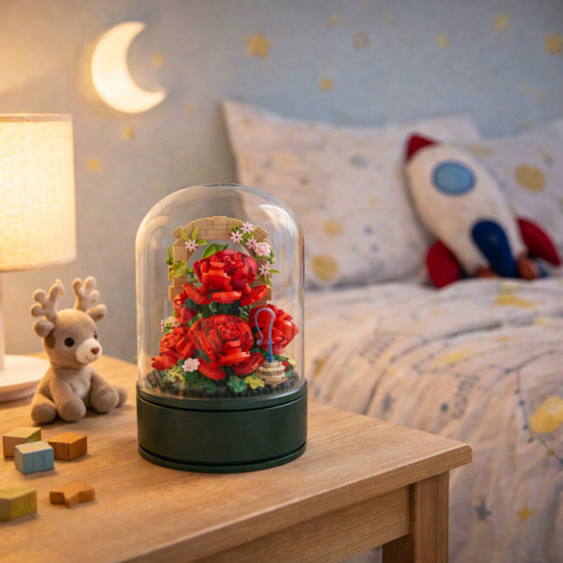 Bouquet de Roses à Construire sous Cloche avec Musique – 574 Briques, Mélodie Intégrée, Jeu de Construction Décoratif