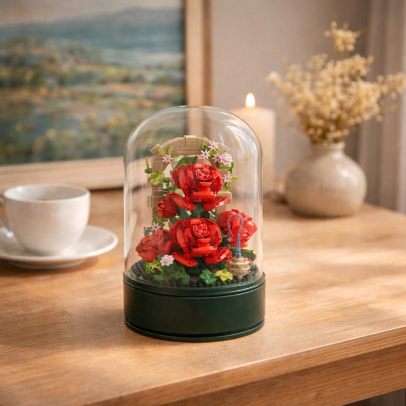 Bouquet de Roses à Construire sous Cloche avec Musique – 574 Briques, Mélodie Intégrée, Jeu de Construction Décoratif