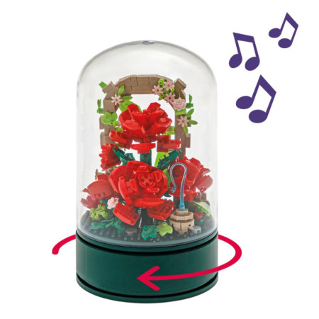 Bouquet de Roses à Construire sous Cloche avec Musique – 574 Briques, Mélodie Intégrée, Jeu de Construction Décoratif