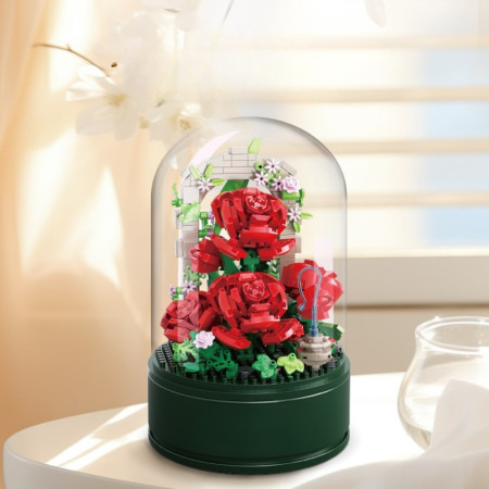 Bouquet de Roses à Construire sous Cloche avec Musique – 574 Briques, Mélodie Intégrée, Jeu de Construction Décoratif