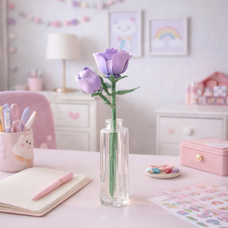 Rose Mauve Décorative à Construire en Briques – Fleur DIY 48 Pièces, Décoration Intérieure Originale à Exposer