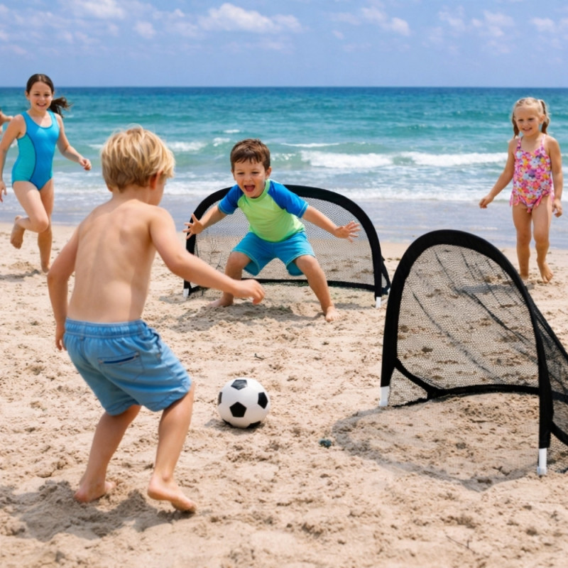 Lot de 2 Cages de Foot Pop-Up avec Sac de Transport – Mini Ballon & Pompe à Main Inclus, 4 Piquets - 60x40x40cm