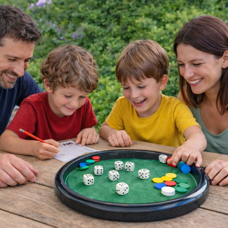 Jeu de Yam’s & 421 Complet – Plateau 28 cm, 5 Dés, Jetons, Pions, Crayon et Feuilles de Score – Jeu de Société Classique