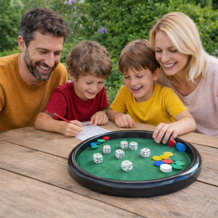 Jeu de Yam’s & 421 Complet – Plateau 28 cm, 5 Dés, Jetons, Pions, Crayon et Feuilles de Score – Jeu de Société Classique