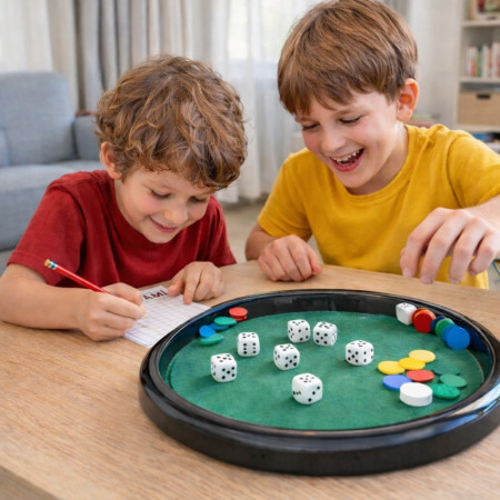 Jeu de Yam’s & 421 Complet – Plateau 28 cm, 5 Dés, Jetons, Pions, Crayon et Feuilles de Score – Jeu de Société Classique