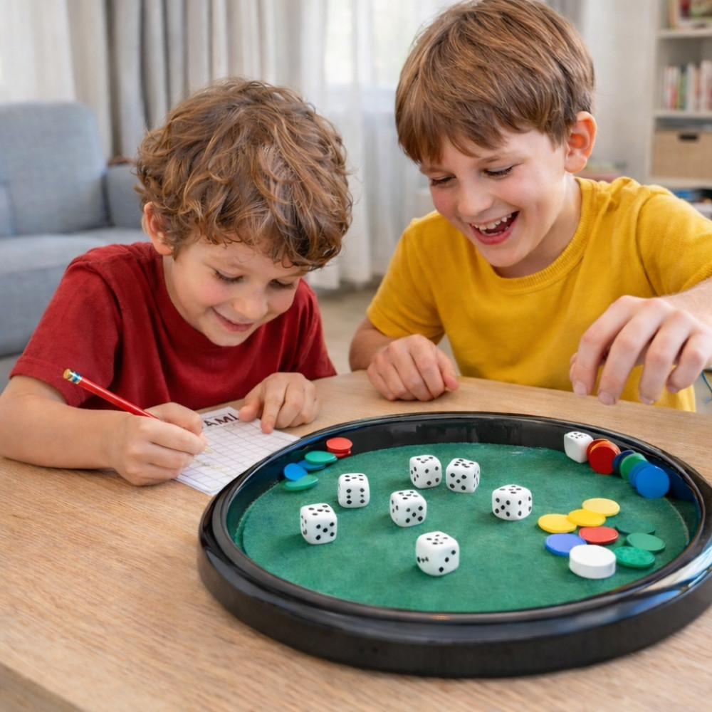 Jeu de Yam’s & 421 Complet – Plateau 28 cm, 5 Dés, Jetons, Pions, Crayon et Feuilles de Score – Jeu de Société Classique