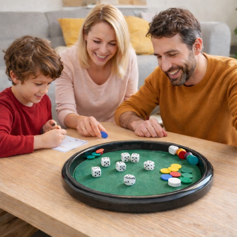 Jeu de Yam’s & 421 Complet – Plateau 28 cm, 5 Dés, Jetons, Pions, Crayon et Feuilles de Score – Jeu de Société Classique