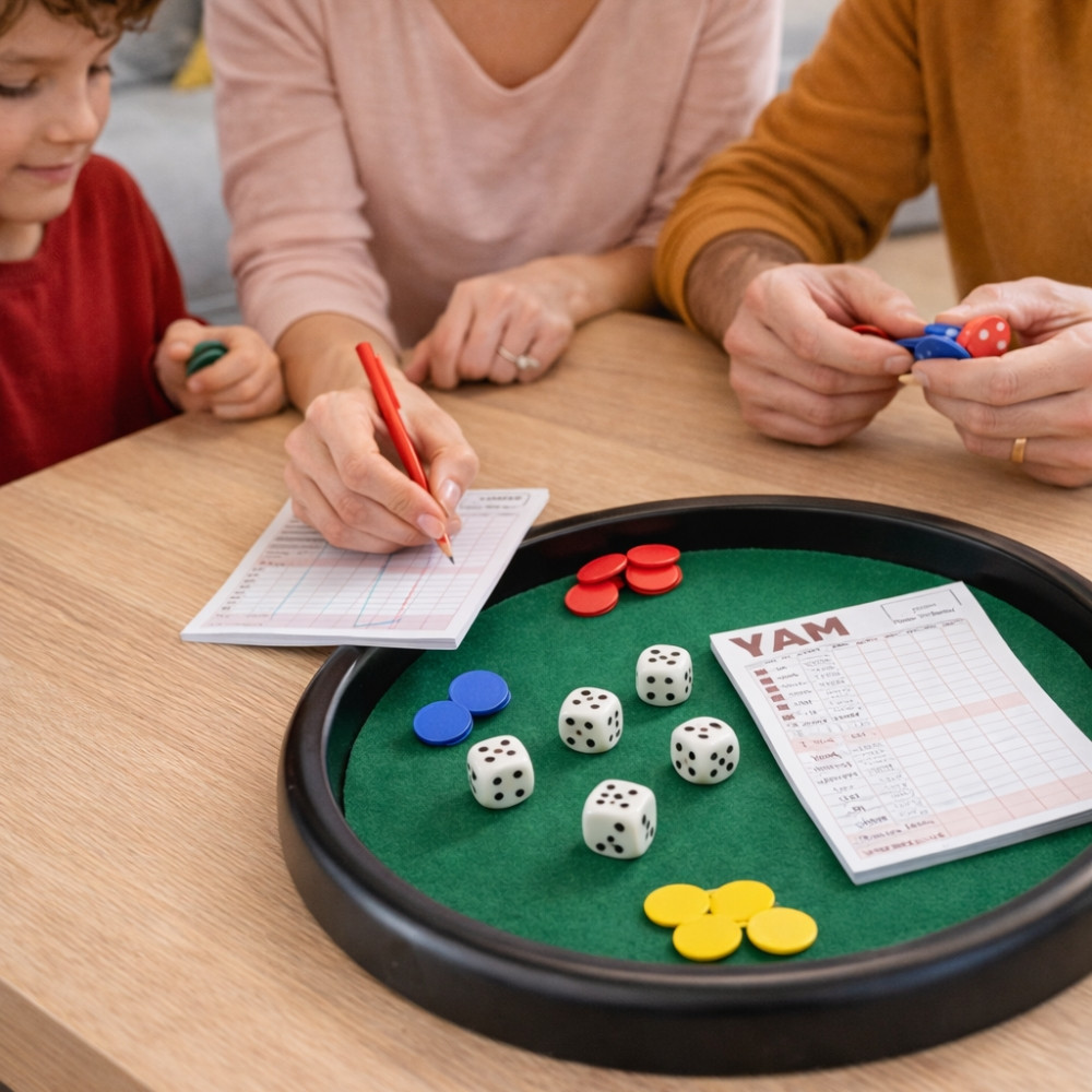 Jeu de Yam’s & 421 Complet – Plateau 28 cm, 5 Dés, Jetons, Pions, Crayon et Feuilles de Score – Jeu de Société Classique
