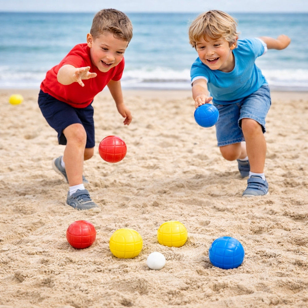 Set de 6 Boules de Pétanque Enfants Colorées – Avec Cochonnet et Boîte de Rangement Noire – Jeu d’Extérieur Ludique