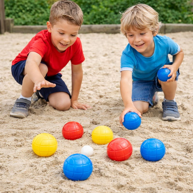 Set de 6 Boules de Pétanque Enfants Colorées – Avec Cochonnet et Boîte de Rangement Noire – Jeu d’Extérieur Ludique