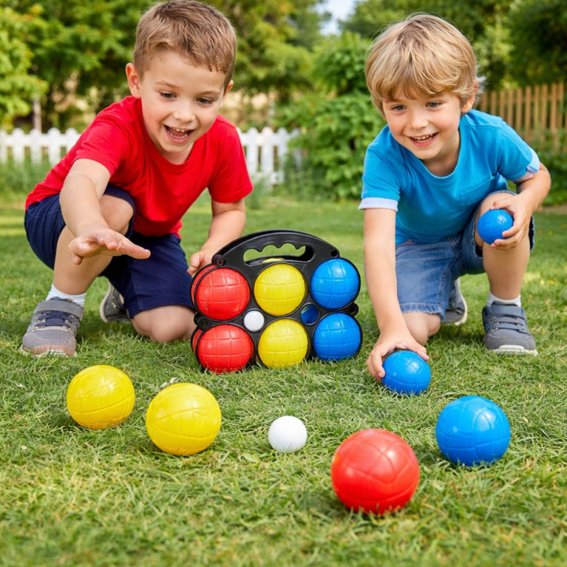 Set de 6 Boules de Pétanque Enfants Colorées – Avec Cochonnet et Boîte de Rangement Noire – Jeu d’Extérieur Ludique