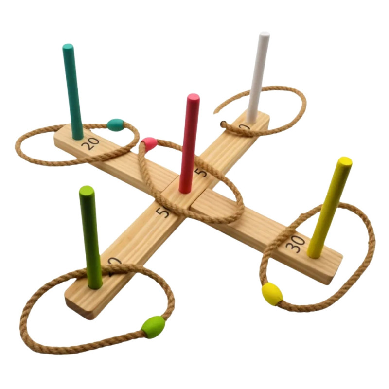 Jeu de Lancer d’Anneaux en Bois – 5 Piquets Colorés et 5 Anneaux en Corde – Jeu d’Adresse Extérieur Enfants et Famille