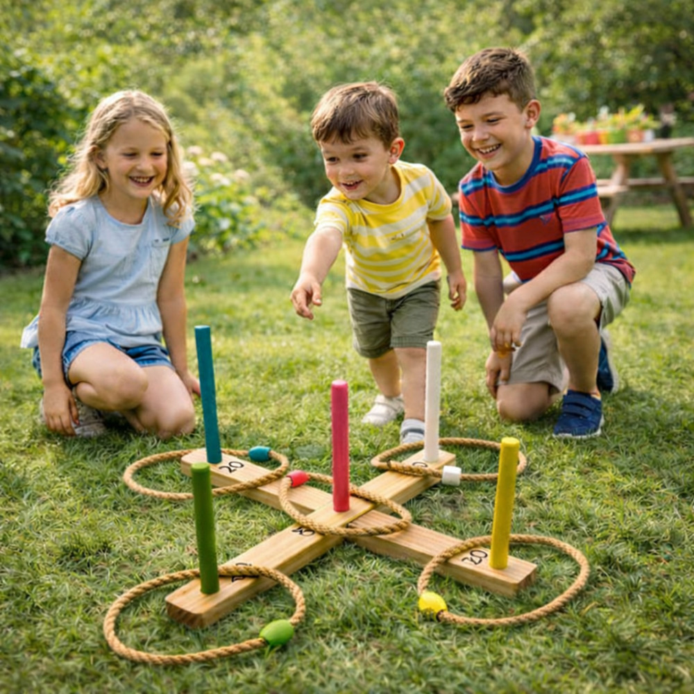 Jeu de Lancer d’Anneaux en Bois – 5 Piquets Colorés et 5 Anneaux en Corde – Jeu d’Adresse Extérieur Enfants et Famille
