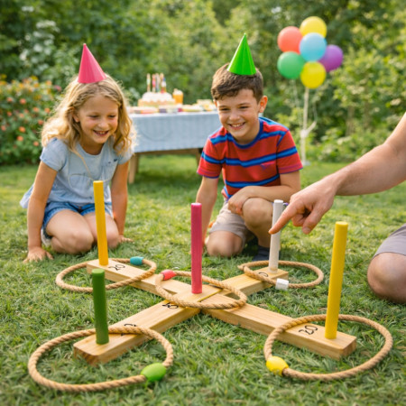 Jeu de Lancer d’Anneaux en Bois – 5 Piquets Colorés et 5 Anneaux en Corde – Jeu d’Adresse Extérieur Enfants et Famille