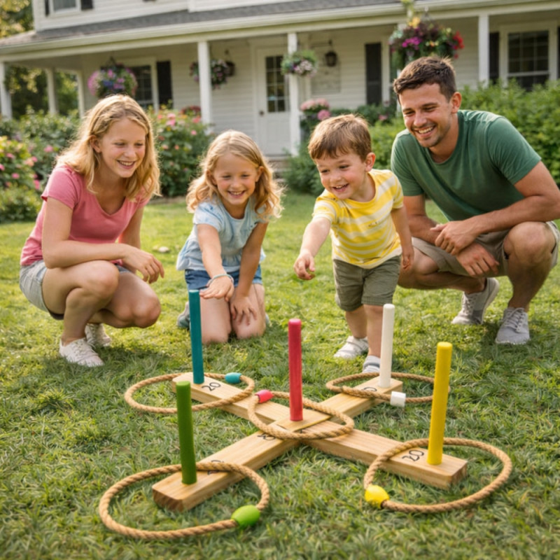 Jeu de Lancer d’Anneaux en Bois – 5 Piquets Colorés et 5 Anneaux en Corde – Jeu d’Adresse Extérieur Enfants et Famille