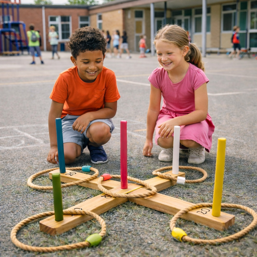 Jeu de Lancer d’Anneaux en Bois – 5 Piquets Colorés et 5 Anneaux en Corde – Jeu d’Adresse Extérieur Enfants et Famille