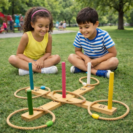 Jeu de Lancer d’Anneaux en Bois – 5 Piquets Colorés et 5 Anneaux en Corde – Jeu d’Adresse Extérieur Enfants et Famille