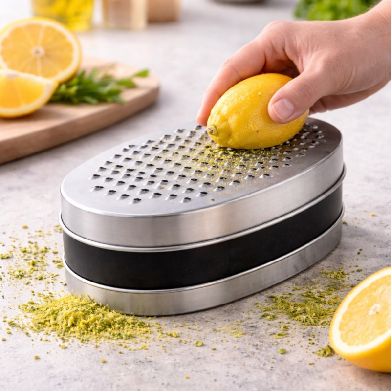 Râpe en Inox 17 cm avec Boîte de Récupération – Double Face Épais & Fin, Précise et Pratique pour Fromage, Légumes et Zestes